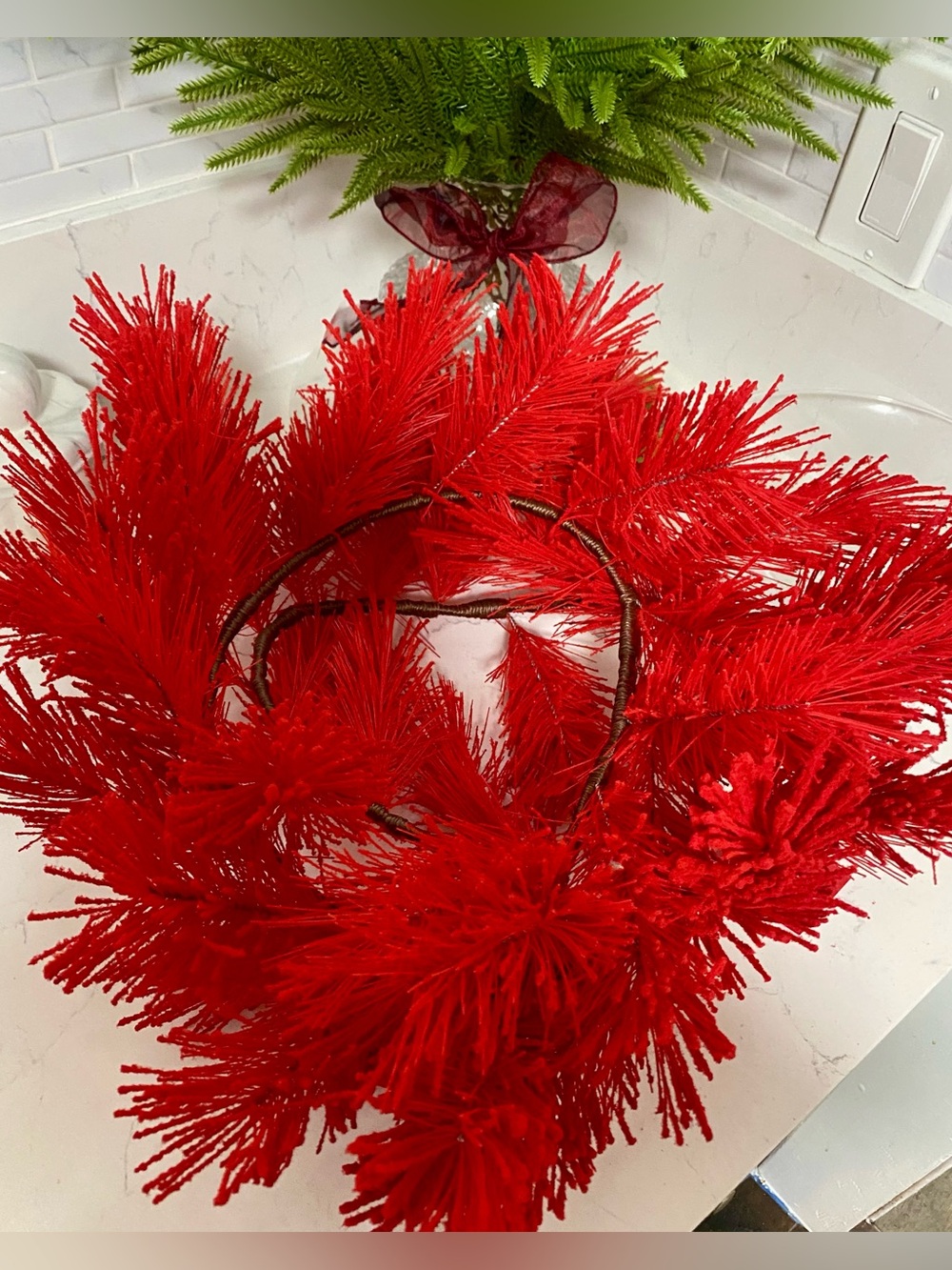 Two Red Holiday Pine Wreath - Decorative Home Holiday Accent